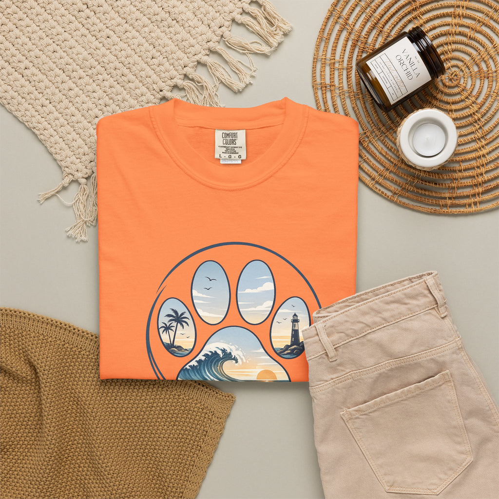 Ocean Paw Surf T-Shirt — Beach Sunset Paw Print Tee