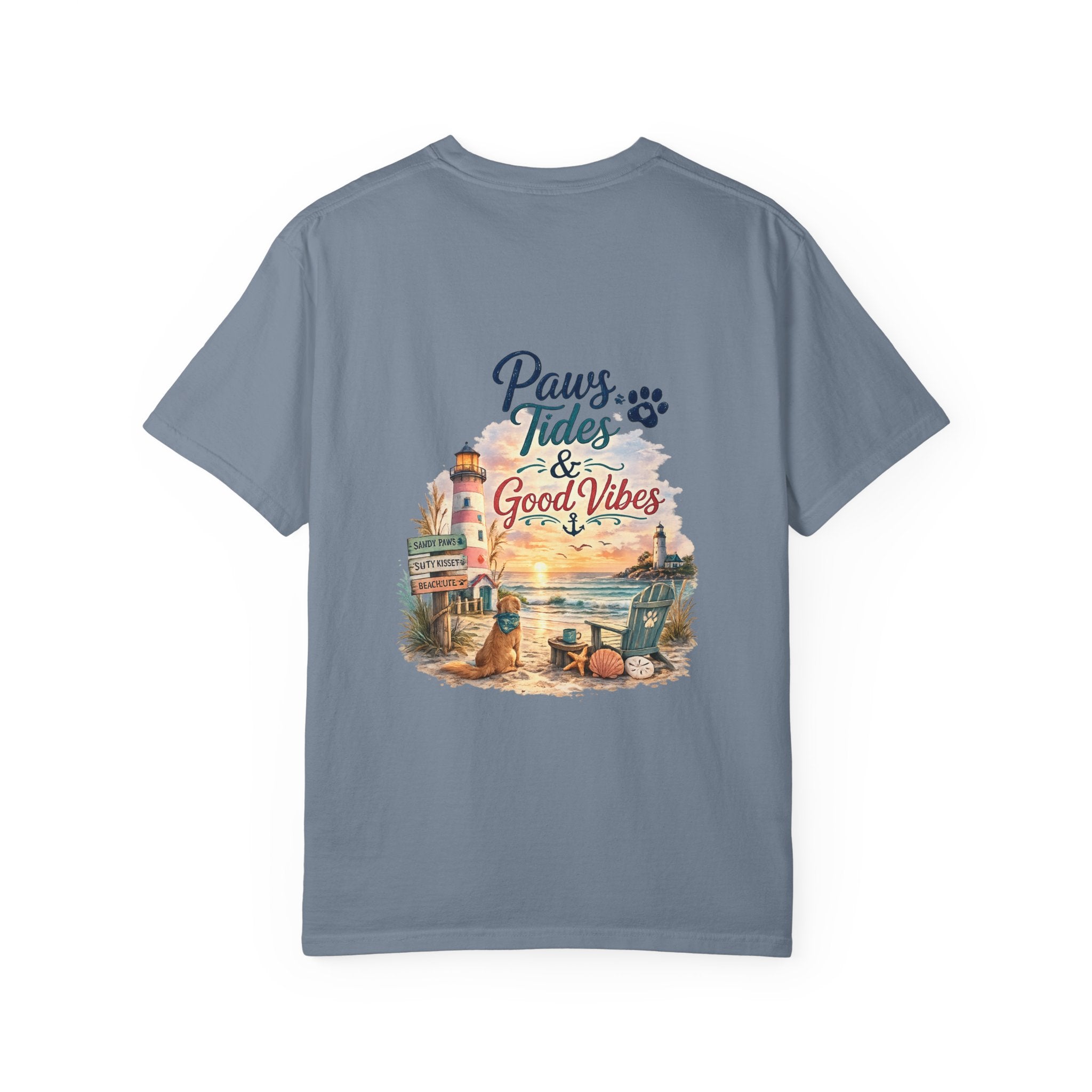 Paws Tides & Good Vibes T-Shirt | Beach Dog Paw Print Coastal Scene