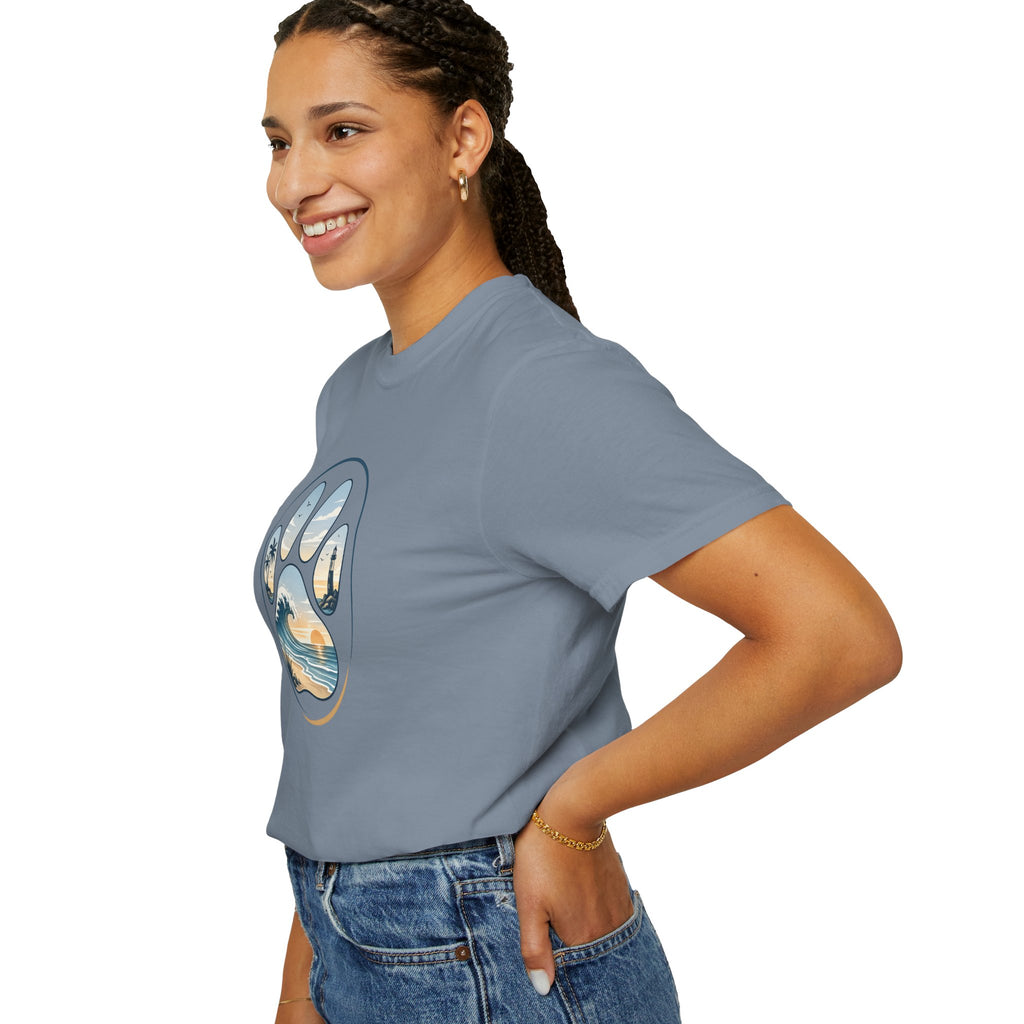 Ocean Paw Surf T-Shirt — Beach Sunset Paw Print Tee