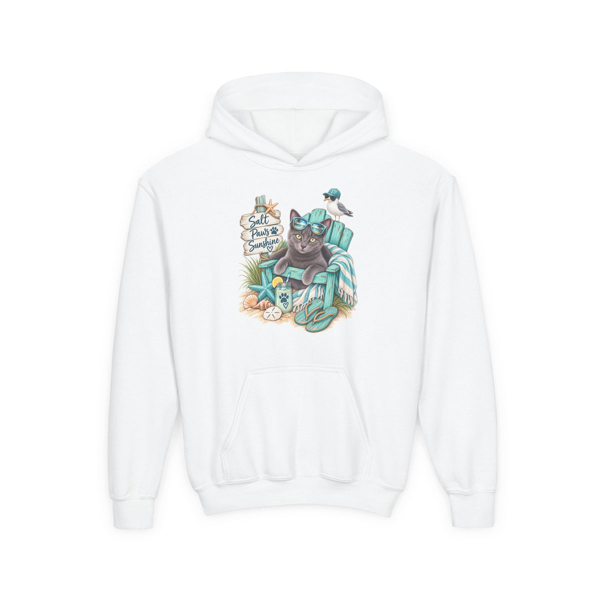 Youth Hoodie — "Sea Side Nap" Cat Beach Graphic Sweatshirt