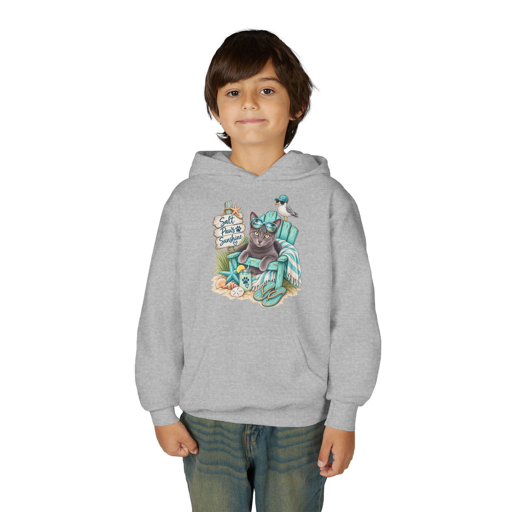 Youth Hoodie — "Sea Side Nap" Cat Beach Graphic Sweatshirt
