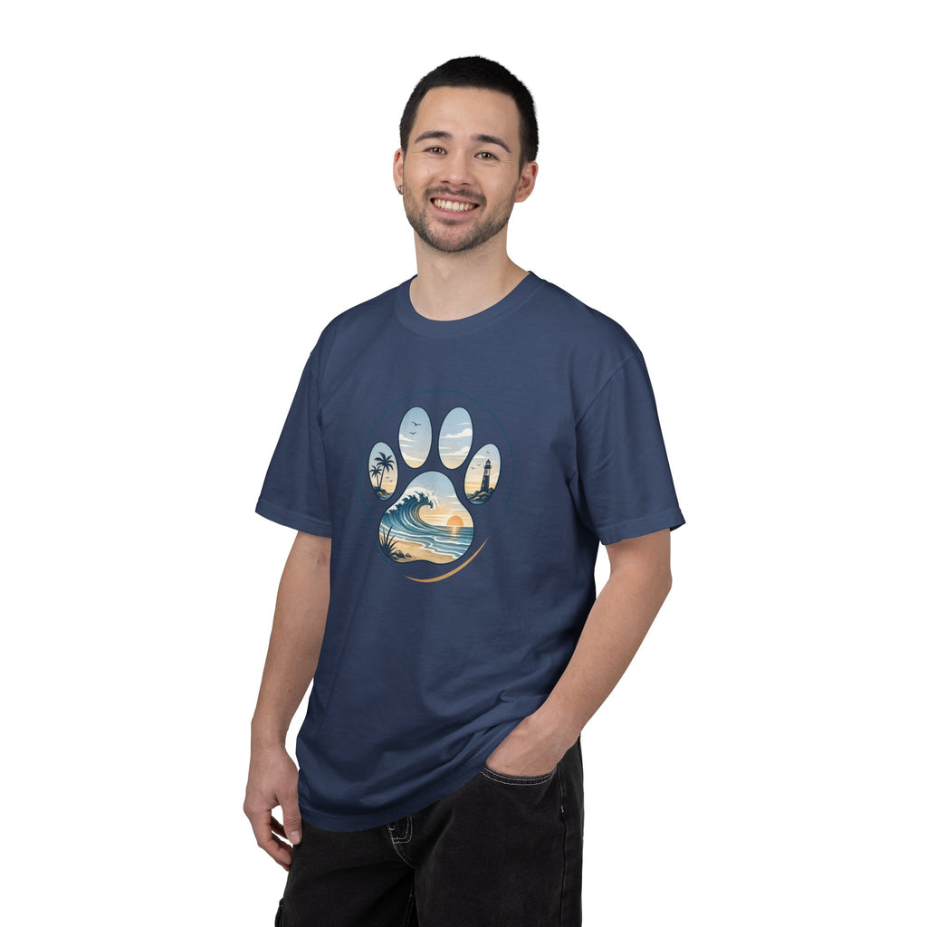 Ocean Paw Surf T-Shirt — Beach Sunset Paw Print Tee