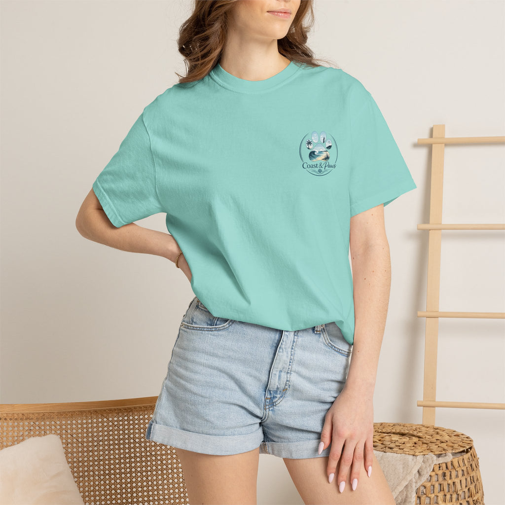 Paws Tides & Good Vibes T-Shirt | Beach Dog Paw Print Coastal Scene