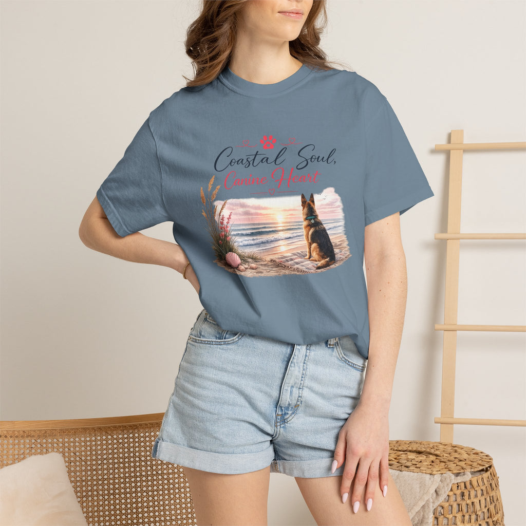 Coastal Soul Canine Heart T-shirt | Beach Dog Sunset Design