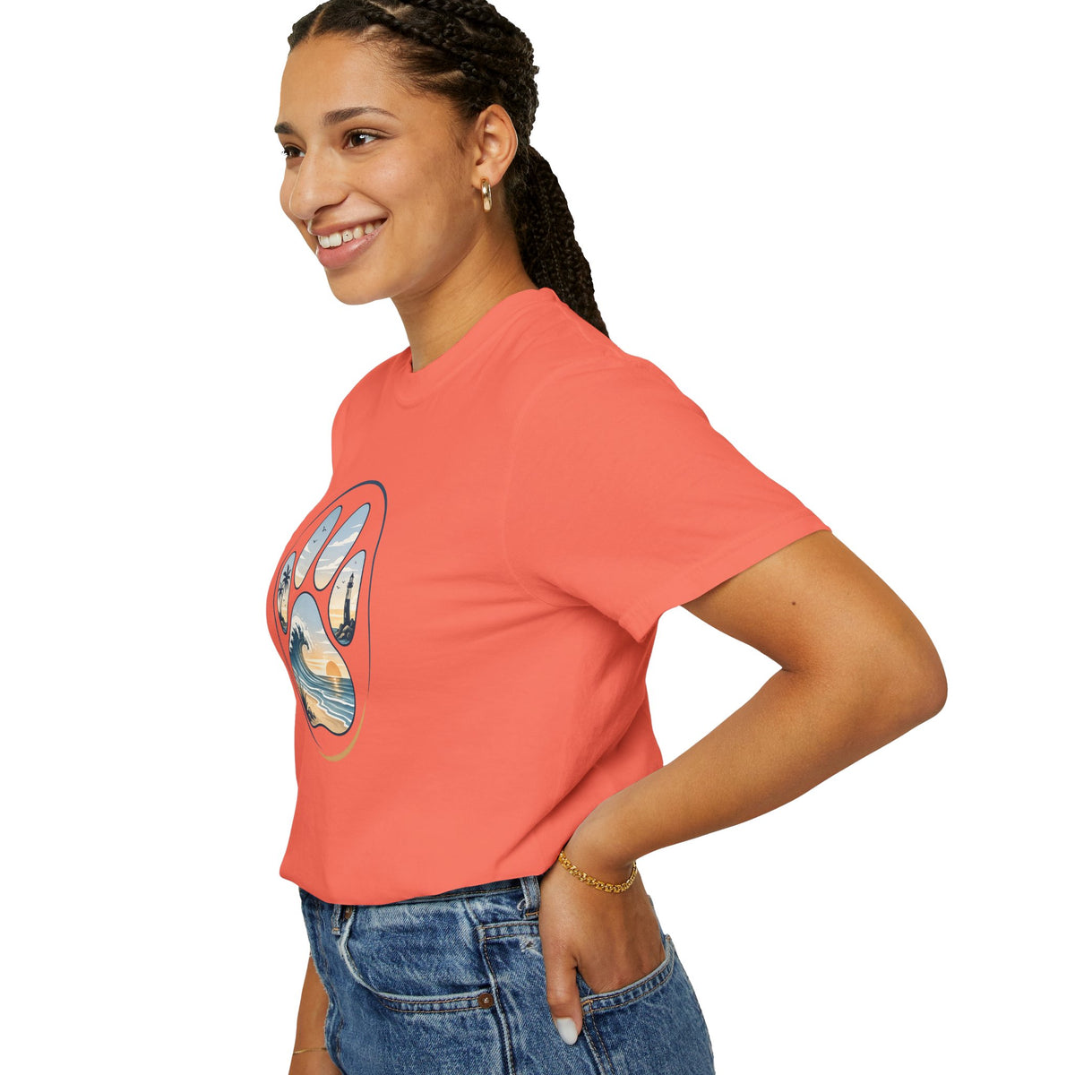 Ocean Paw Surf T-Shirt — Beach Sunset Paw Print Tee