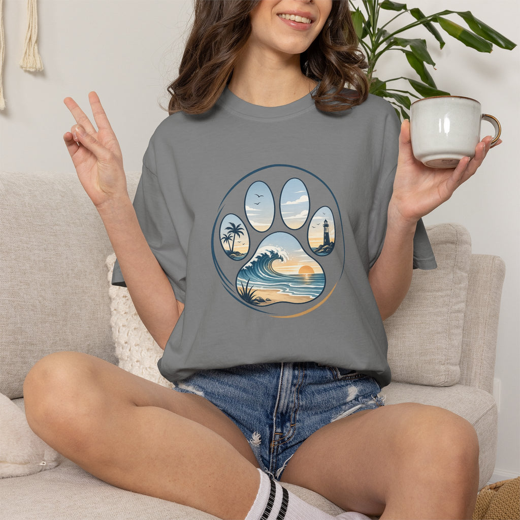 Ocean Paw Surf T-Shirt — Beach Sunset Paw Print Tee