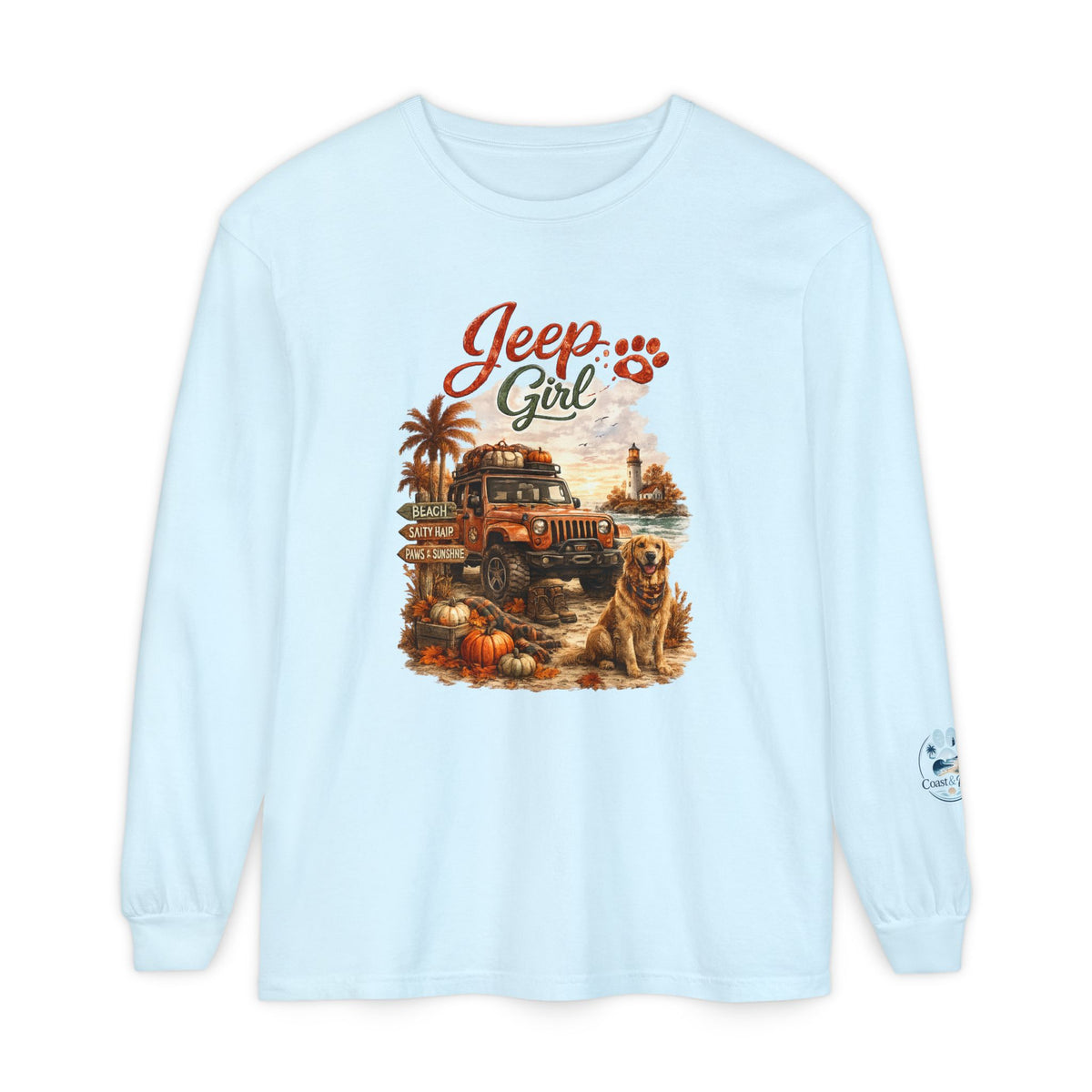 Jeep Girl Long Sleeve Tee — Fall Adventure Pumpkins & Dog Graphic