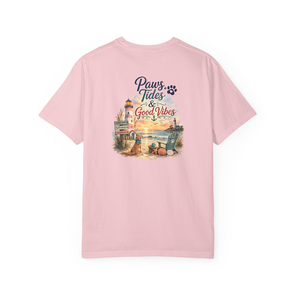 Paws Tides & Good Vibes T-Shirt | Beach Dog Paw Print Coastal Scene
