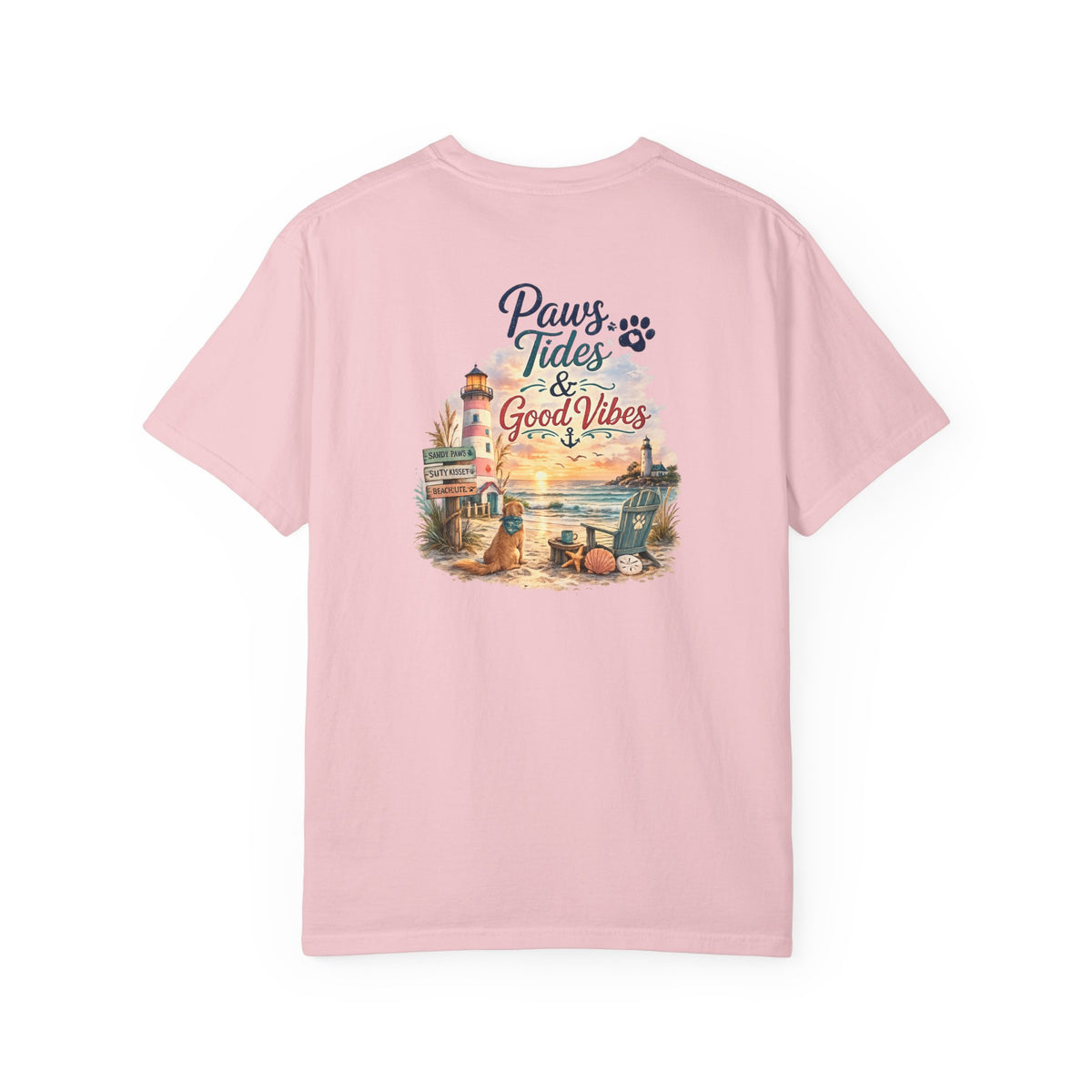Paws Tides & Good Vibes T-Shirt | Beach Dog Paw Print Coastal Scene