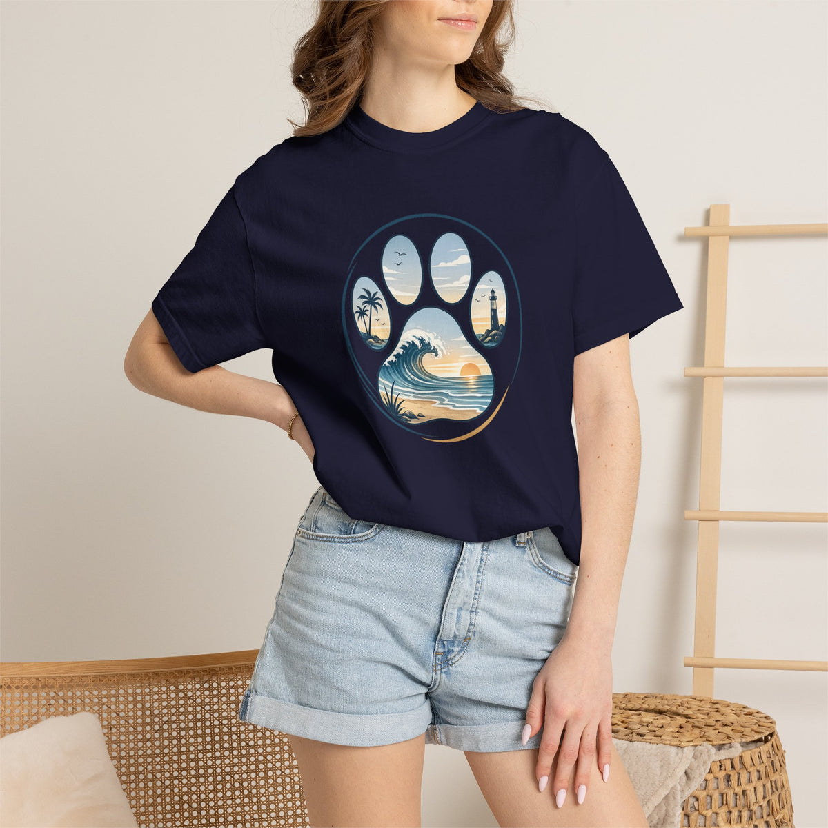 Ocean Paw Surf T-Shirt — Beach Sunset Paw Print Tee