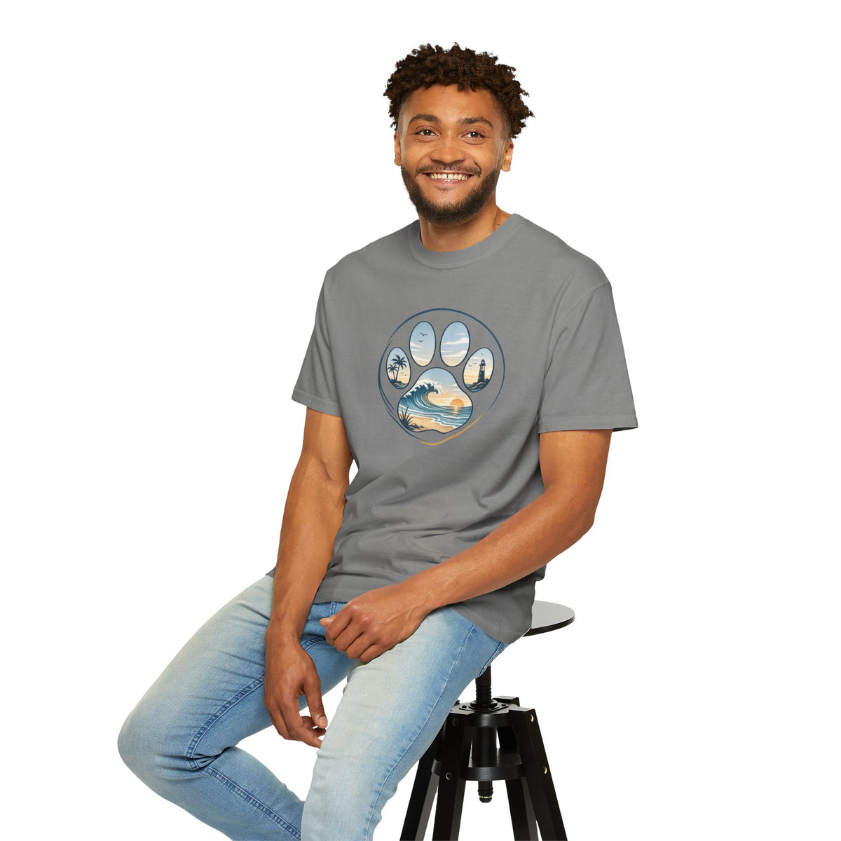 Ocean Paw Surf T-Shirt — Beach Sunset Paw Print Tee