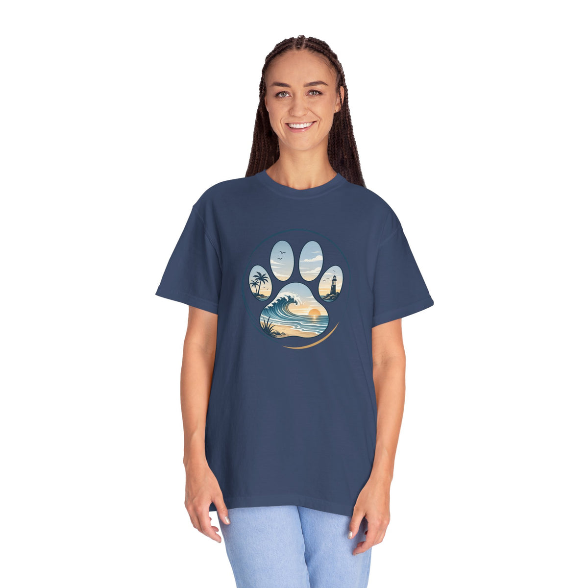 Ocean Paw Surf T-Shirt — Beach Sunset Paw Print Tee