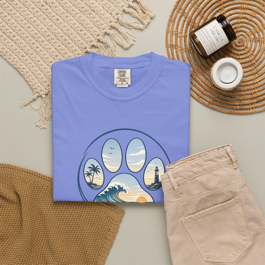 Ocean Paw Surf T-Shirt — Beach Sunset Paw Print Tee