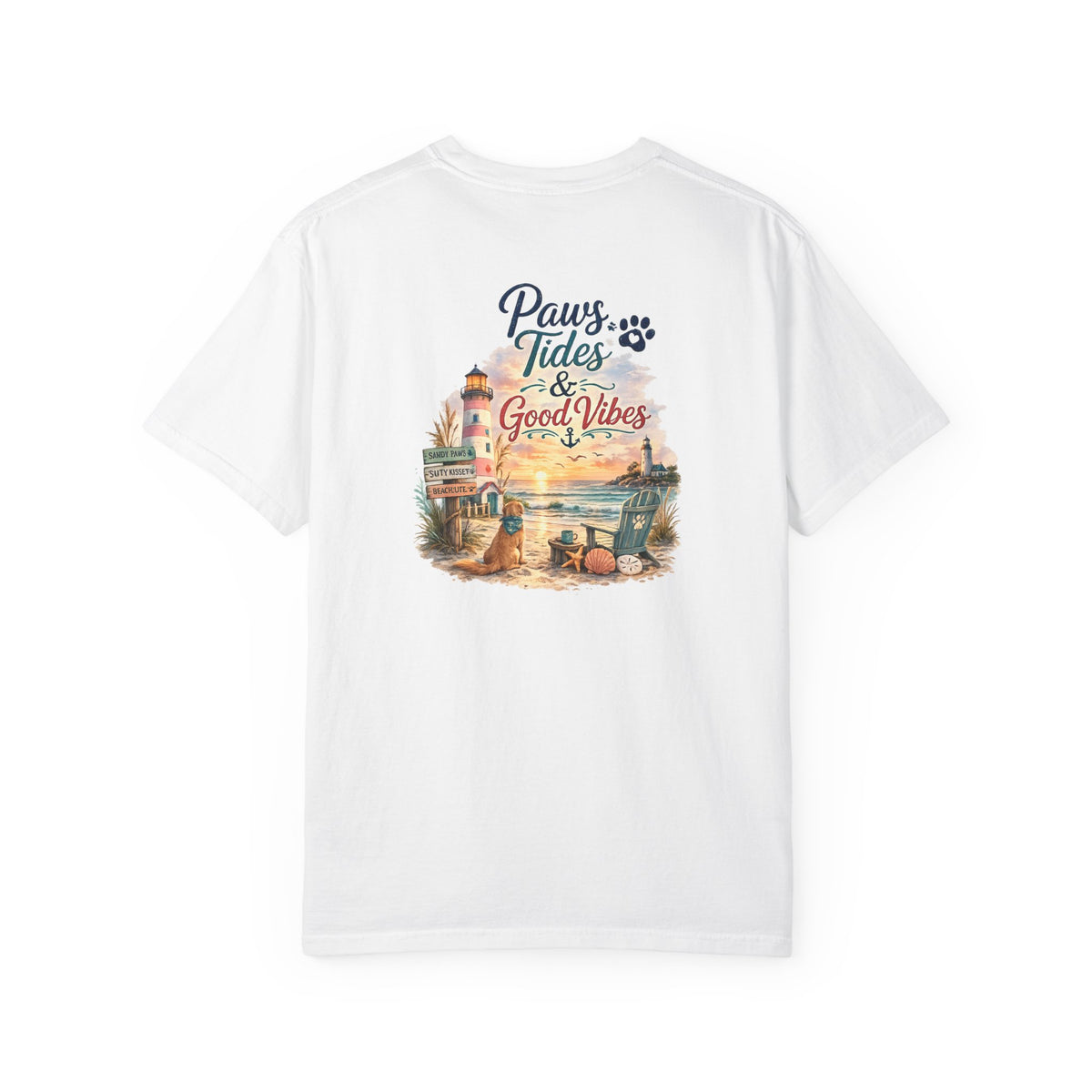 Paws Tides & Good Vibes T-Shirt | Beach Dog Paw Print Coastal Scene