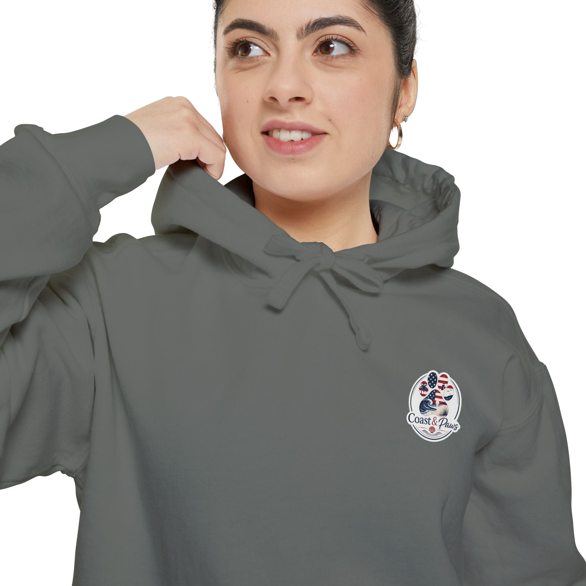 Patriotic Signature Coast & Paws Hoodie — Small Left-Chest Graphic, Cozy Casual Pullover