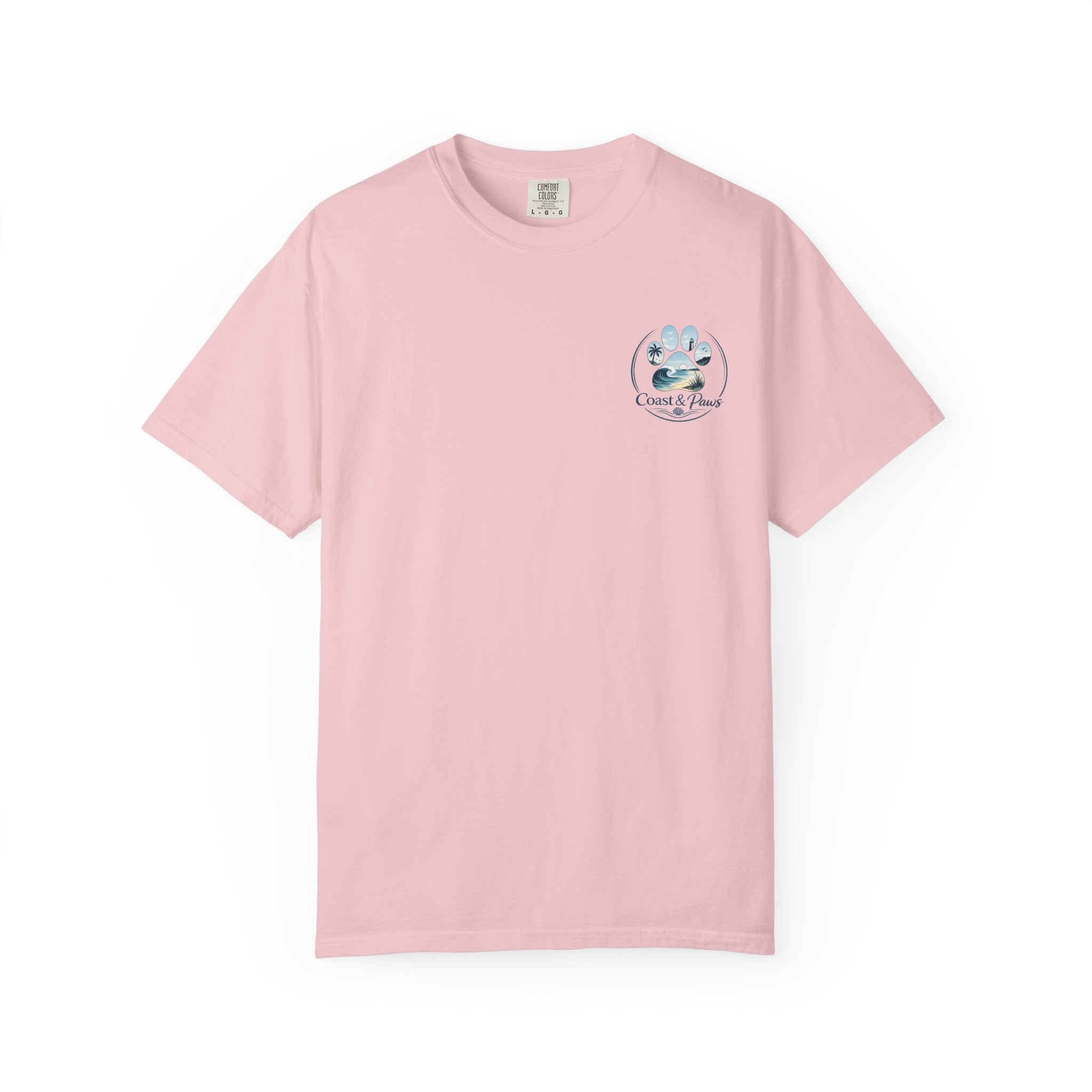Paws Tides & Good Vibes T-Shirt | Beach Dog Paw Print Coastal Scene