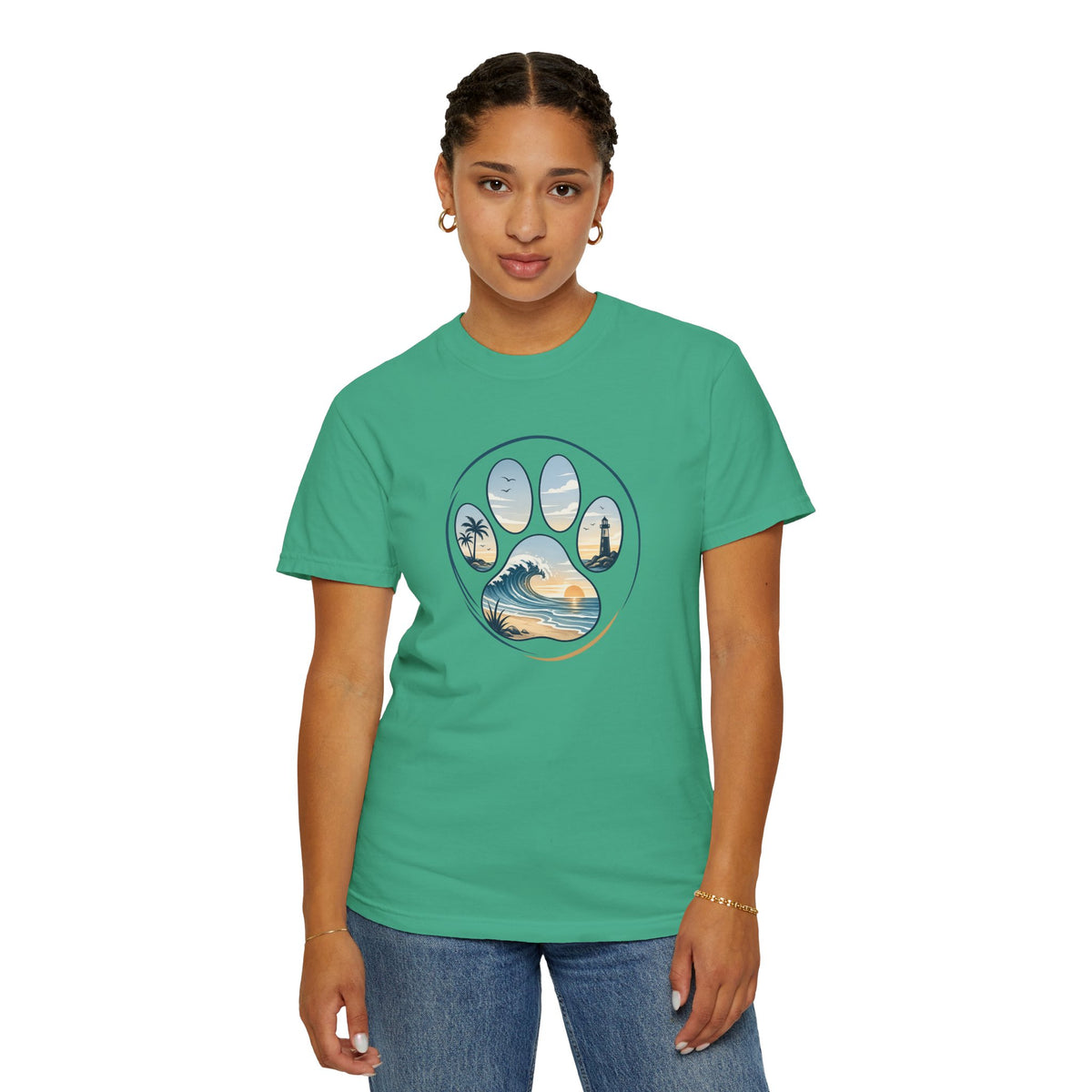 Ocean Paw Surf T-Shirt — Beach Sunset Paw Print Tee