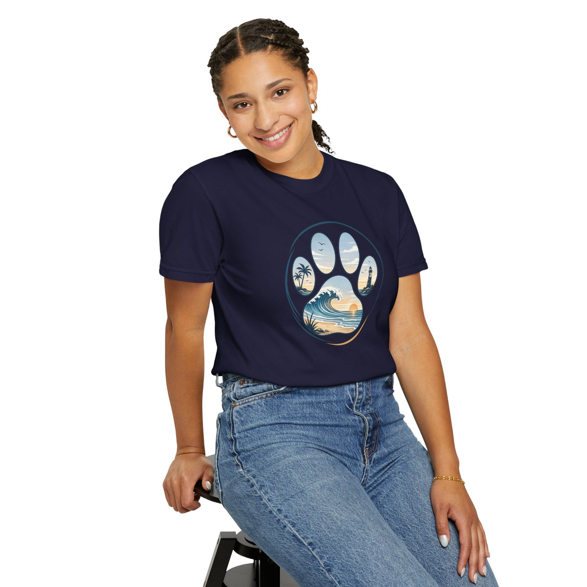 Ocean Paw Surf T-Shirt — Beach Sunset Paw Print Tee