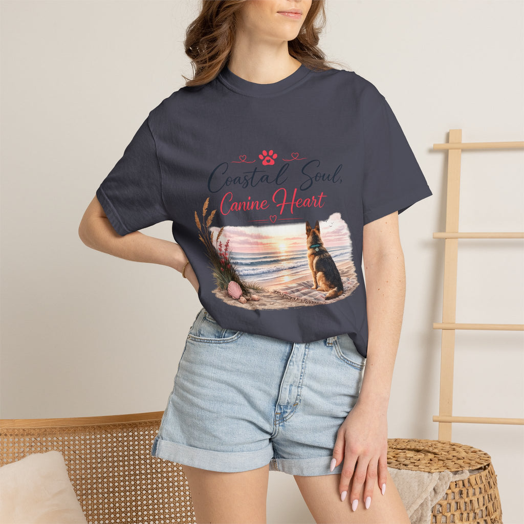 Coastal Soul Canine Heart T-shirt | Beach Dog Sunset Design