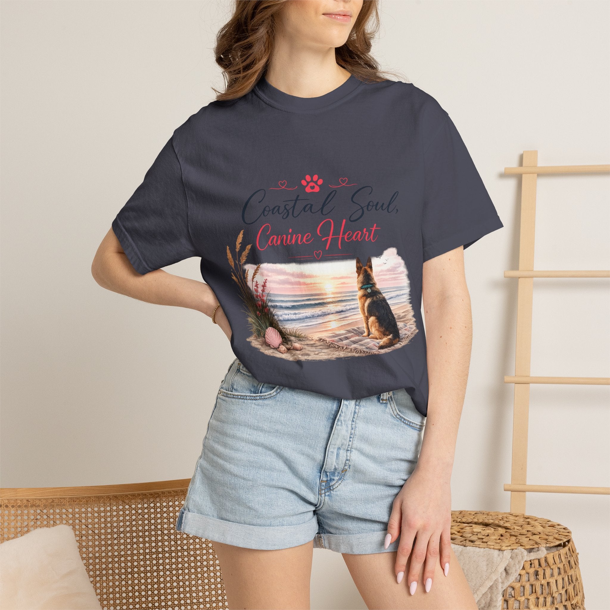 Coastal Soul Canine Heart T-shirt | Beach Dog Sunset Design