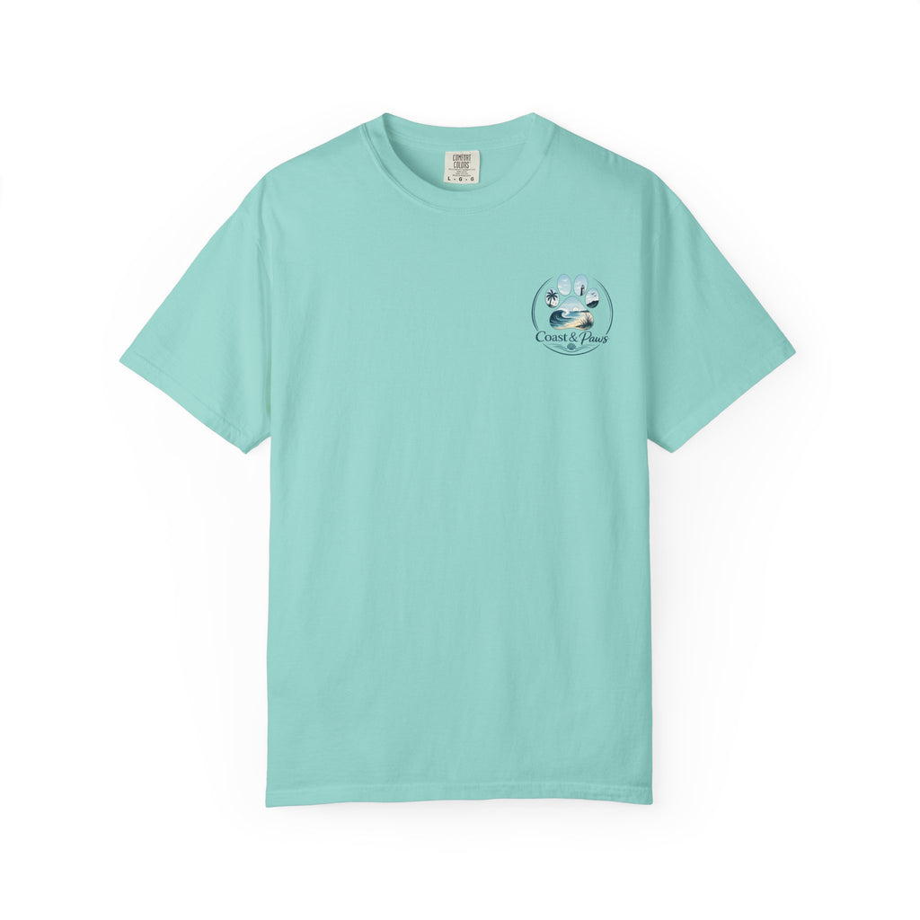 Paws Tides & Good Vibes T-Shirt | Beach Dog Paw Print Coastal Scene