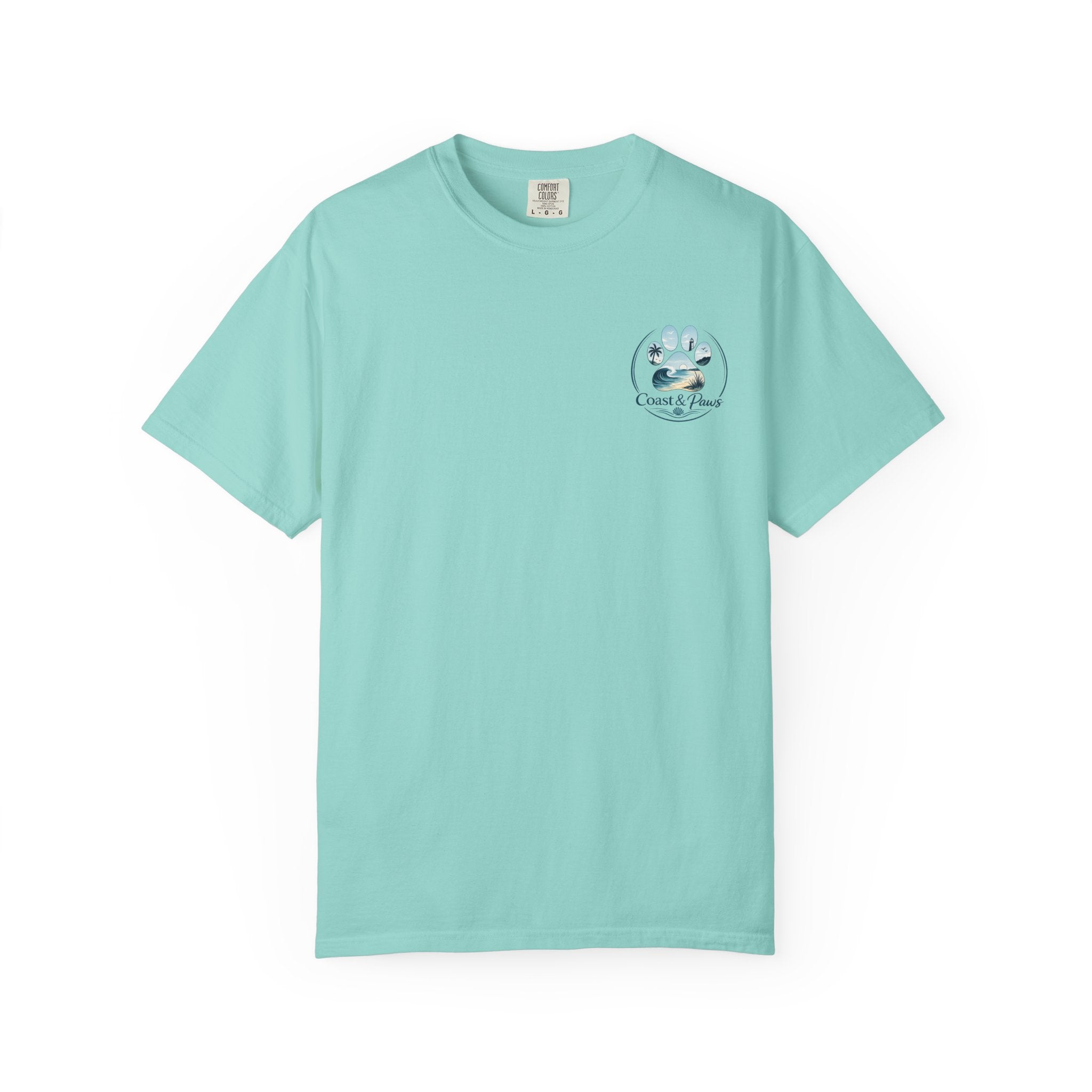 Paws Tides & Good Vibes T-Shirt | Beach Dog Paw Print Coastal Scene