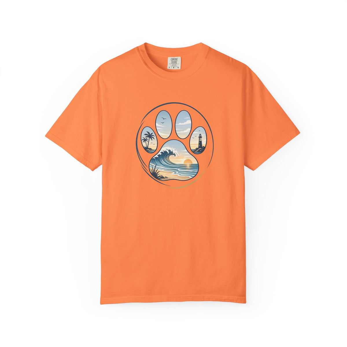 Ocean Paw Surf T-Shirt — Beach Sunset Paw Print Tee