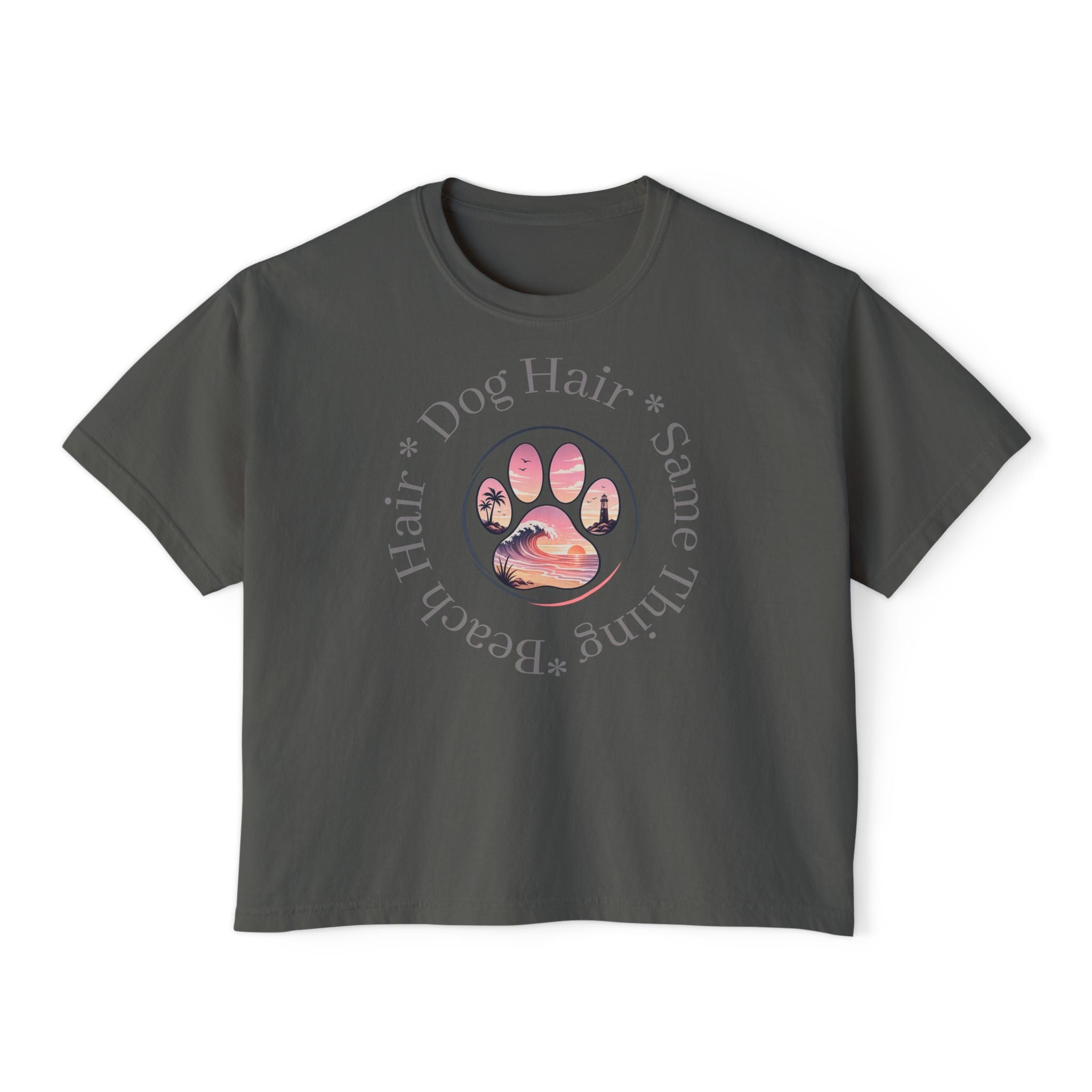 Boxy Tee "Beach Hair, Dog Hair, Same Thing" Paw Graphic