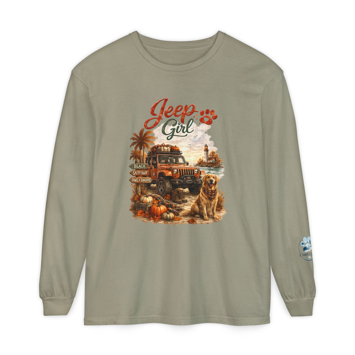 Jeep Girl Long Sleeve Tee — Fall Adventure Pumpkins & Dog Graphic