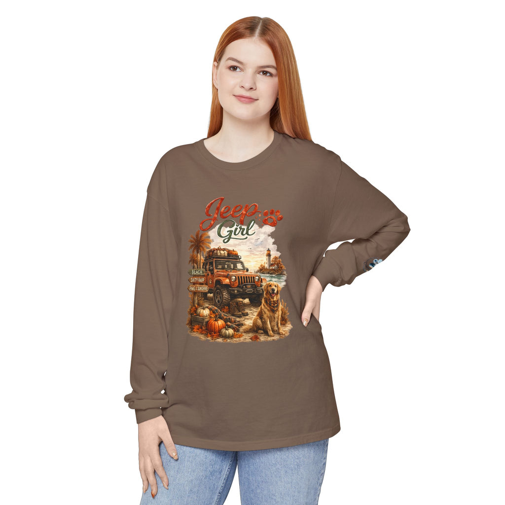 Jeep Girl Long Sleeve Tee — Fall Adventure Pumpkins & Dog Graphic