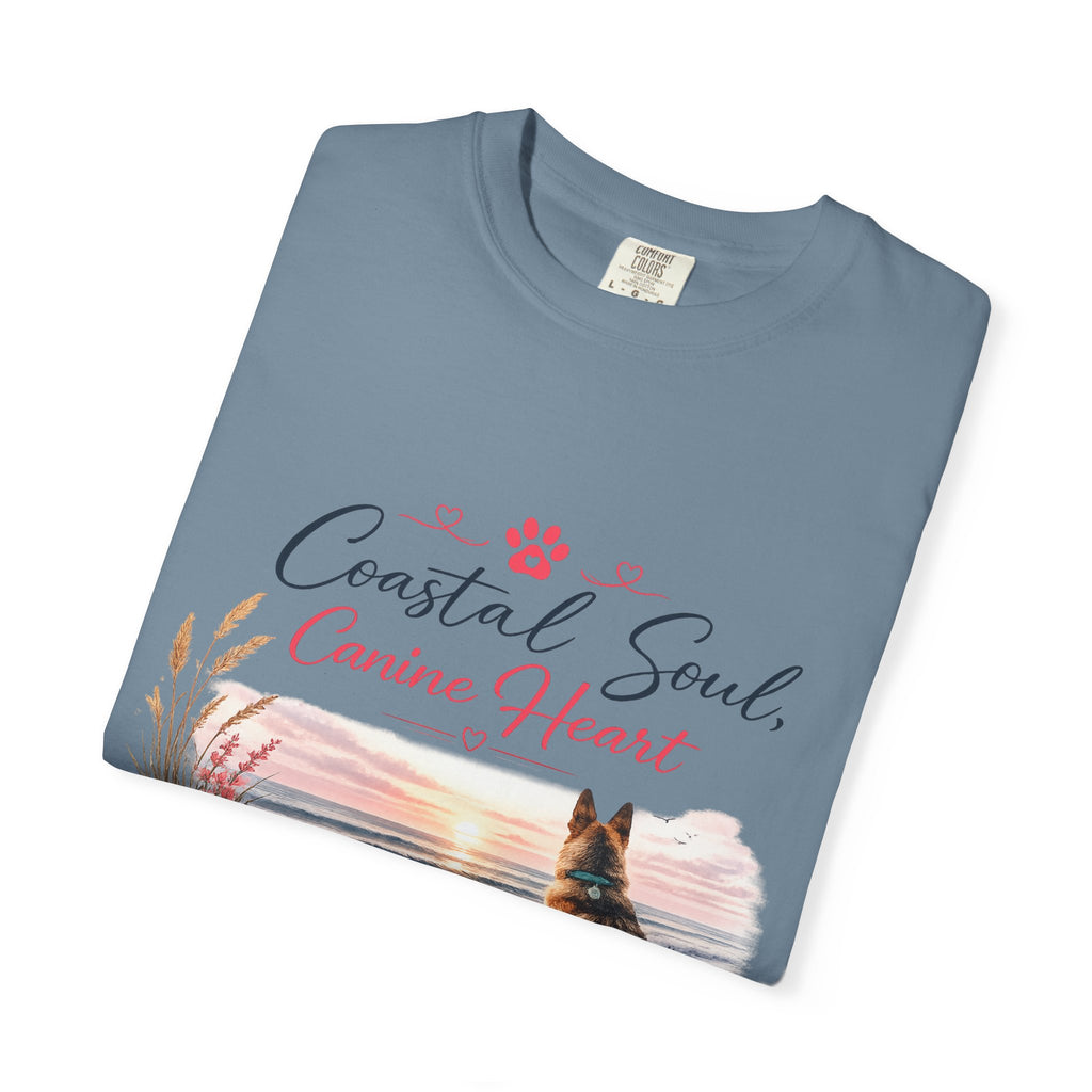 Coastal Soul Canine Heart T-shirt | Beach Dog Sunset Design