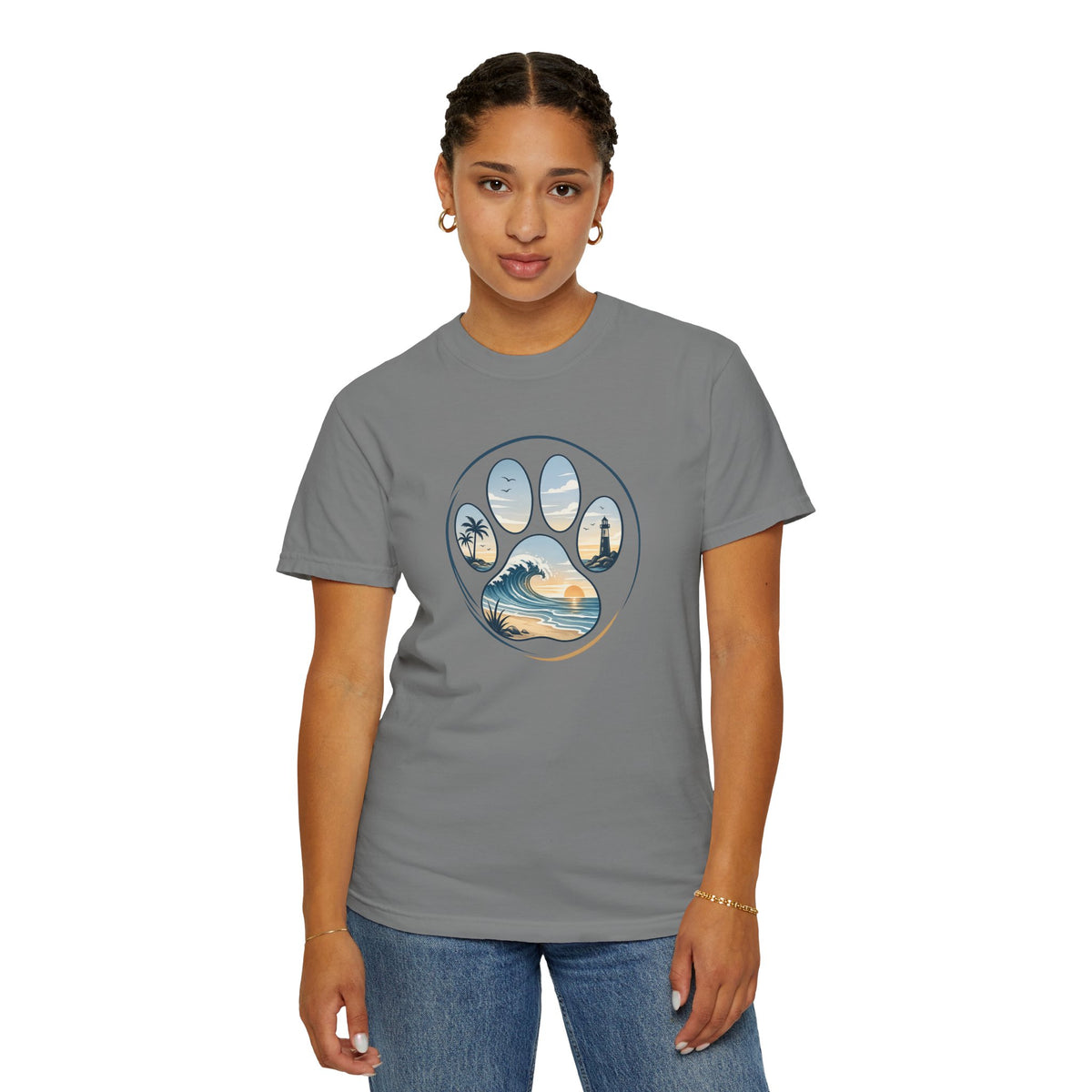 Ocean Paw Surf T-Shirt — Beach Sunset Paw Print Tee