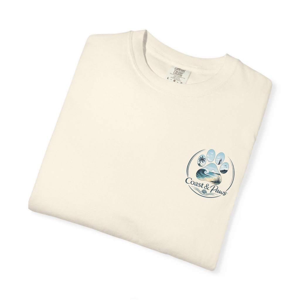 Paws Tides & Good Vibes T-Shirt | Beach Dog Paw Print Coastal Scene