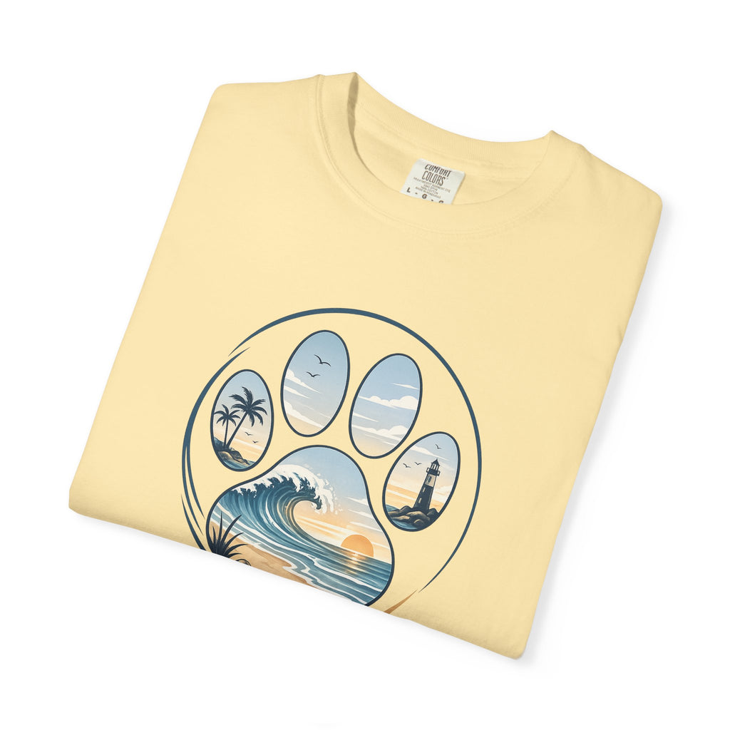 Ocean Paw Surf T-Shirt — Beach Sunset Paw Print Tee