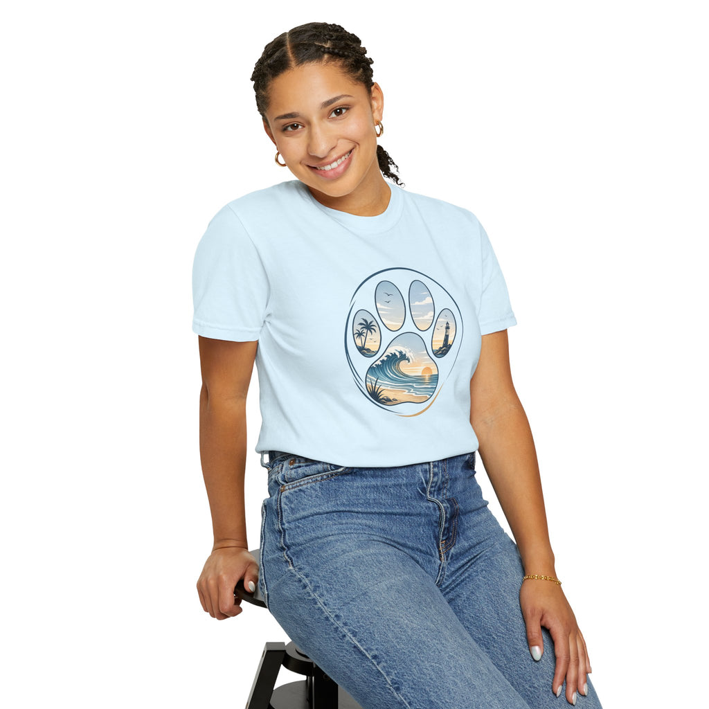Ocean Paw Surf T-Shirt — Beach Sunset Paw Print Tee
