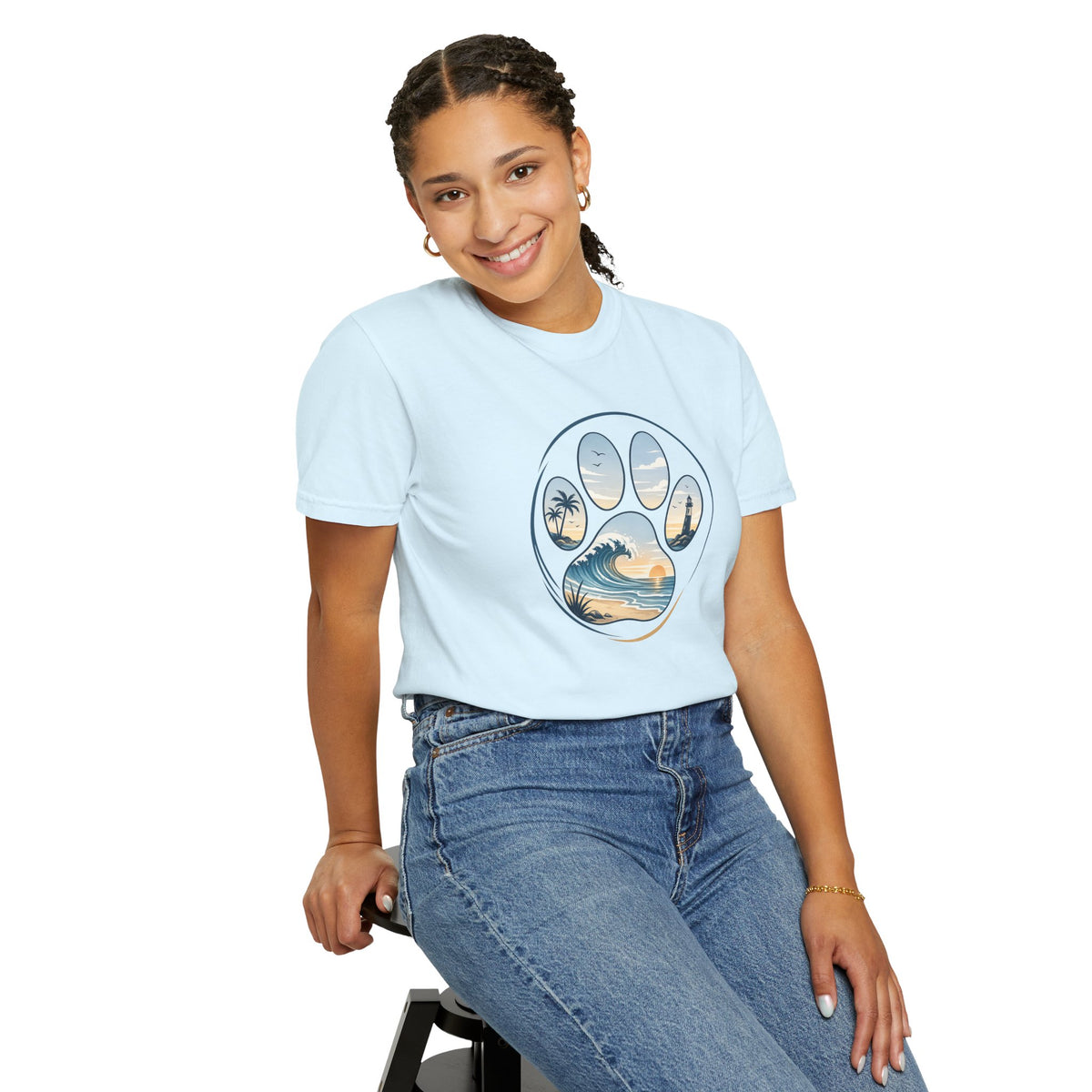 Ocean Paw Surf T-Shirt — Beach Sunset Paw Print Tee