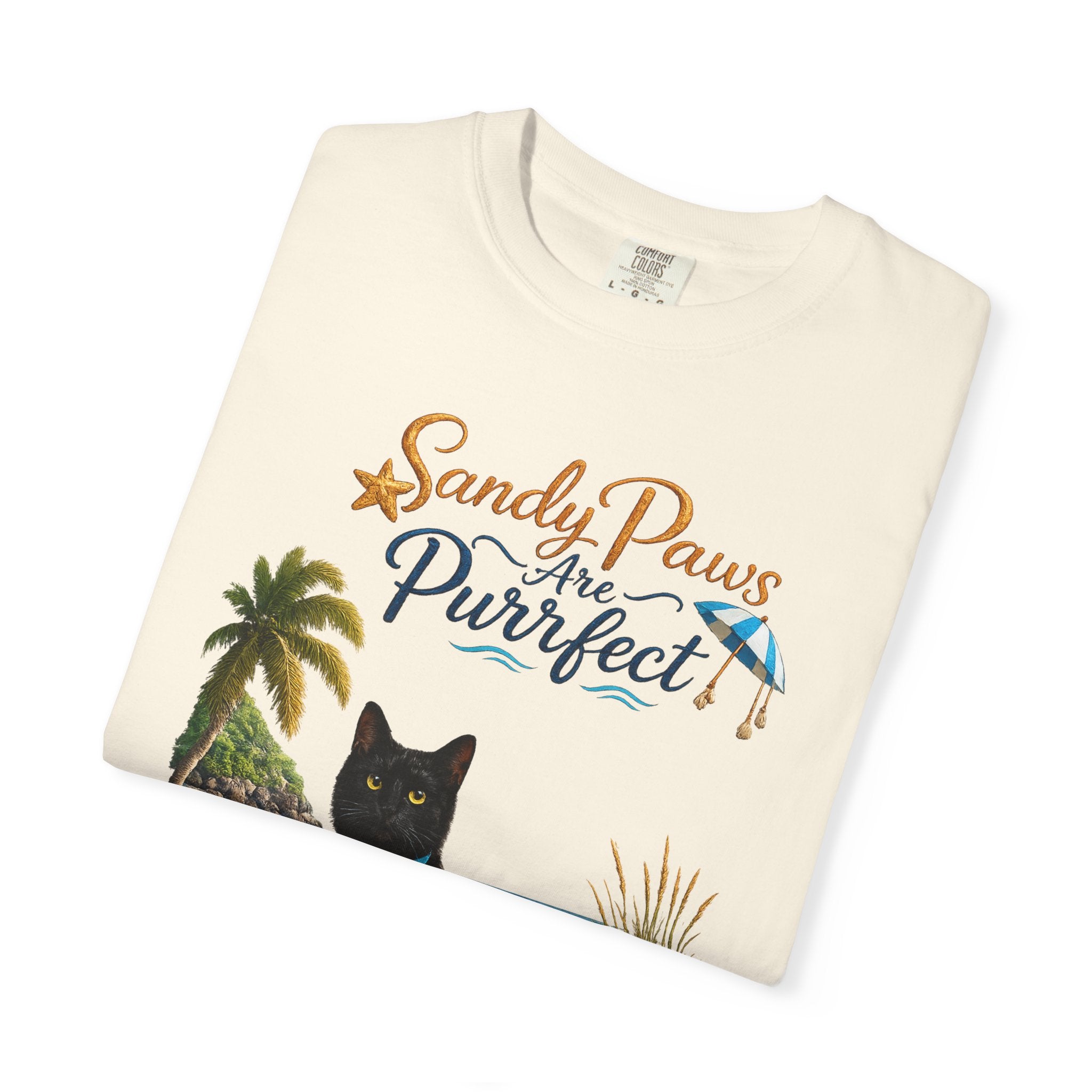 Sandy Paws Are Purrfect - Comfort Colors Unisex Garment Dyed Cat Beach T-Shirt