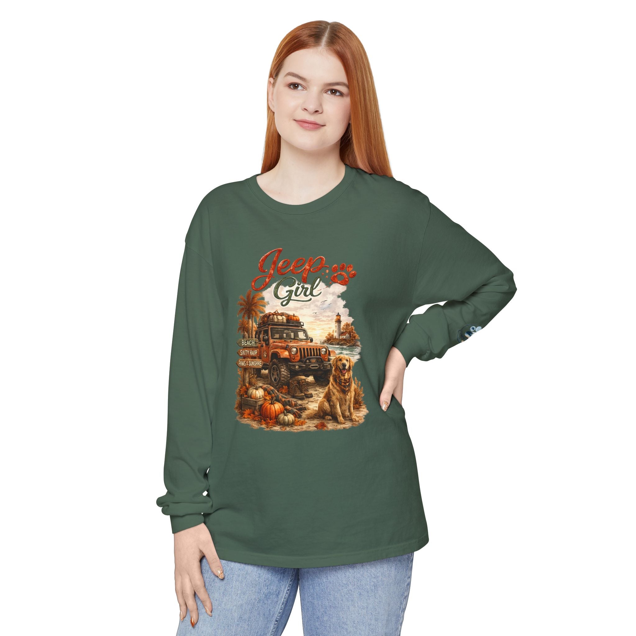 Jeep Girl Long Sleeve Tee — Fall Adventure Pumpkins & Dog Graphic