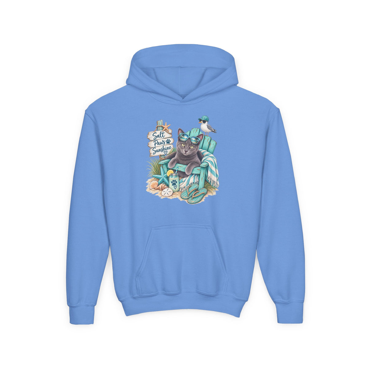 Youth Hoodie — "Sea Side Nap" Cat Beach Graphic Sweatshirt