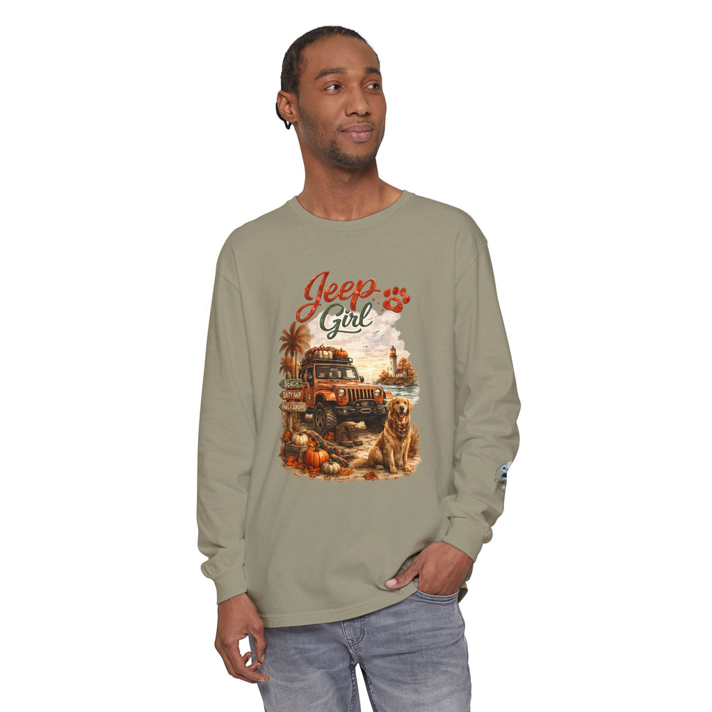 Jeep Girl Long Sleeve Tee — Fall Adventure Pumpkins & Dog Graphic