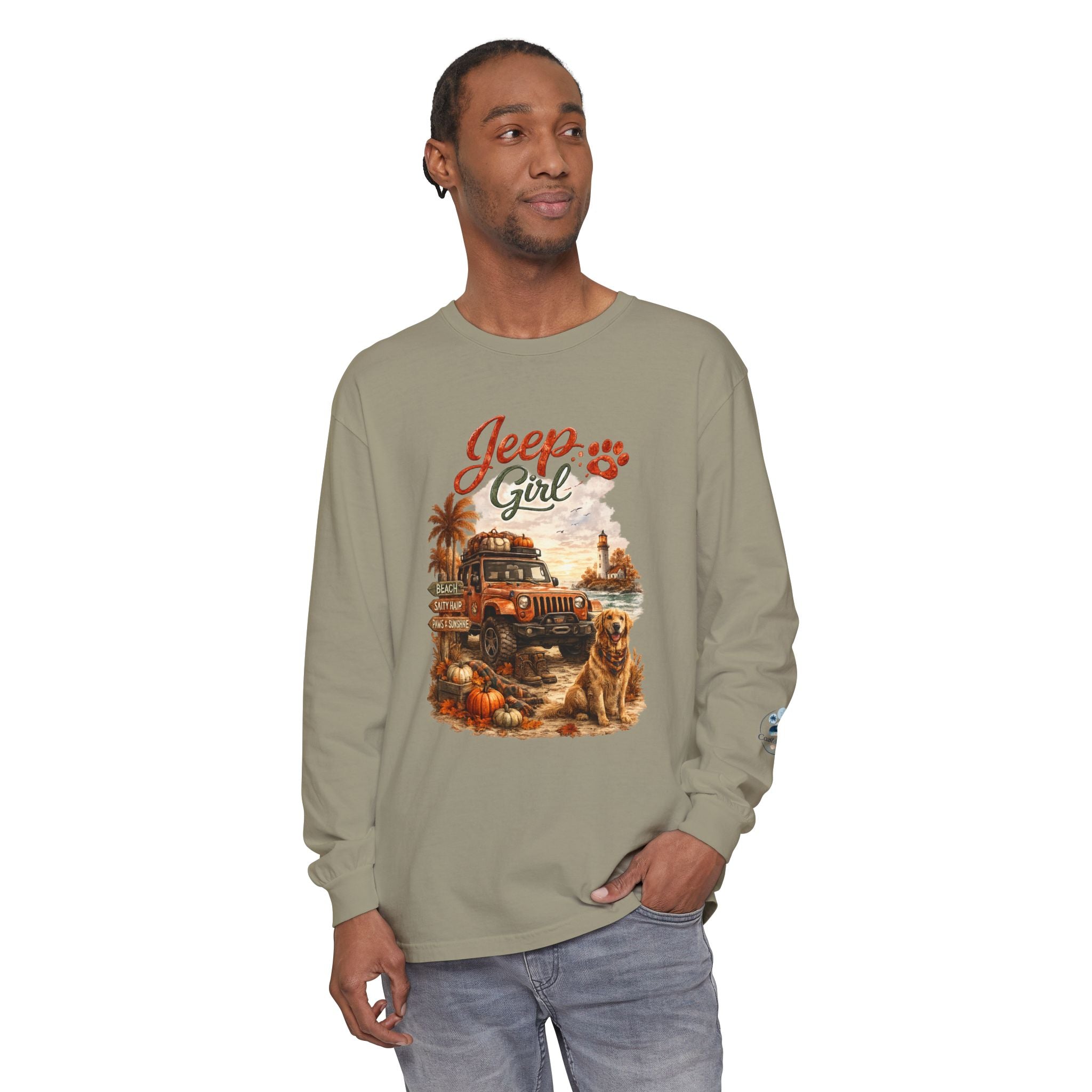 Jeep Girl Long Sleeve Tee — Fall Adventure Pumpkins & Dog Graphic
