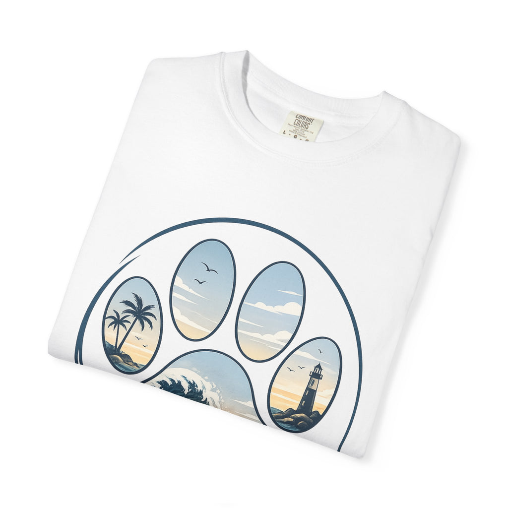 Ocean Paw Surf T-Shirt — Beach Sunset Paw Print Tee