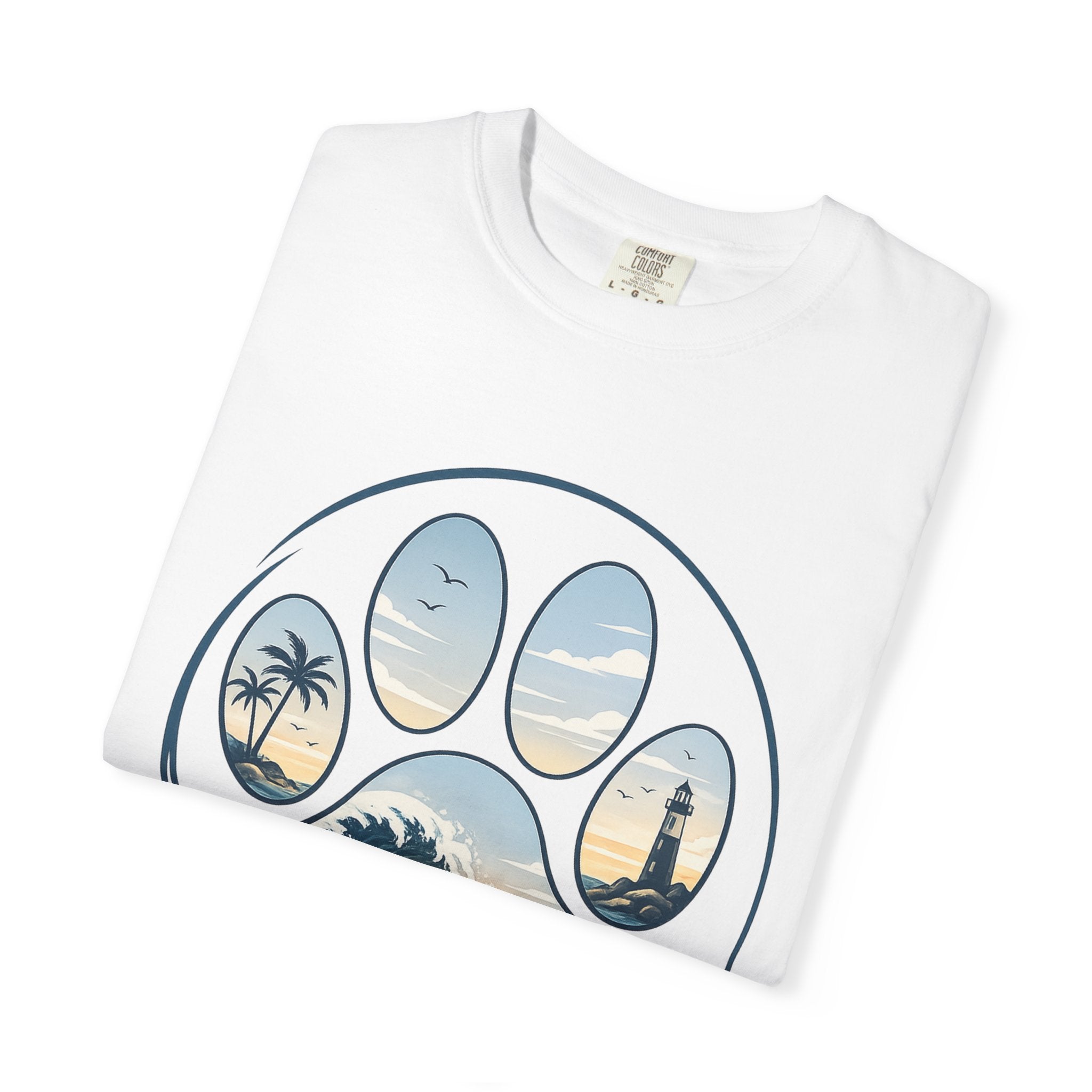 Ocean Paw Surf T-Shirt — Beach Sunset Paw Print Tee