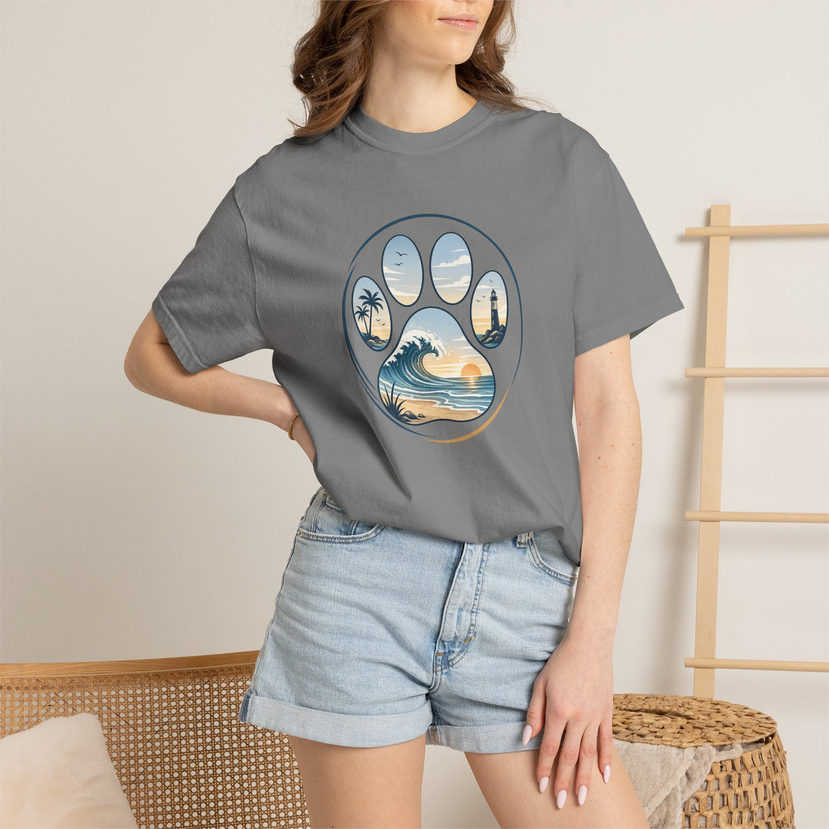 Ocean Paw Surf T-Shirt — Beach Sunset Paw Print Tee