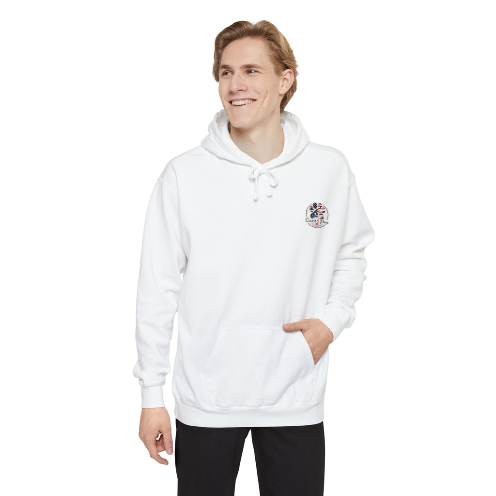 Patriotic Signature Coast & Paws Hoodie — Small Left-Chest Graphic, Cozy Casual Pullover