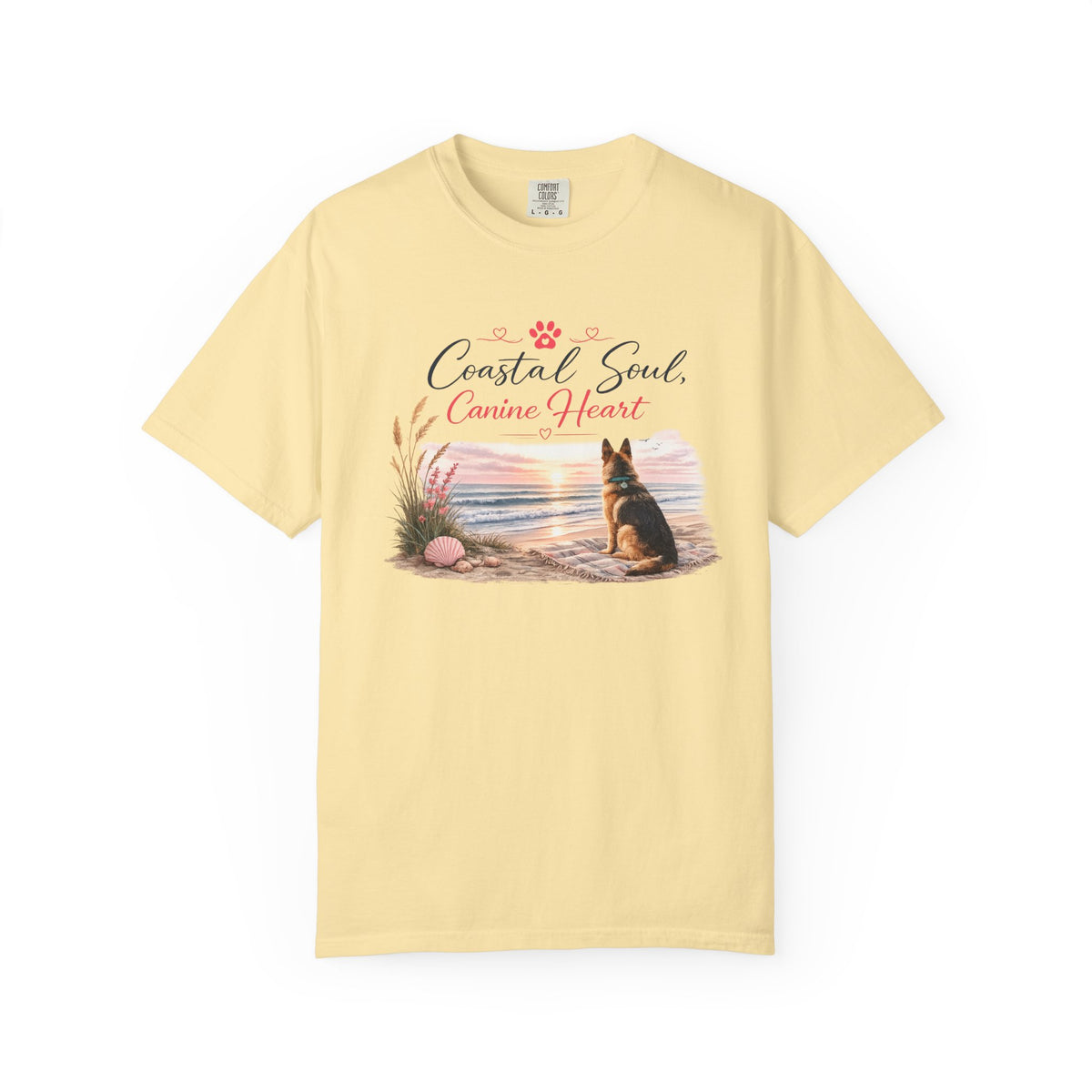 Coastal Soul Canine Heart T-shirt | Beach Dog Sunset Design