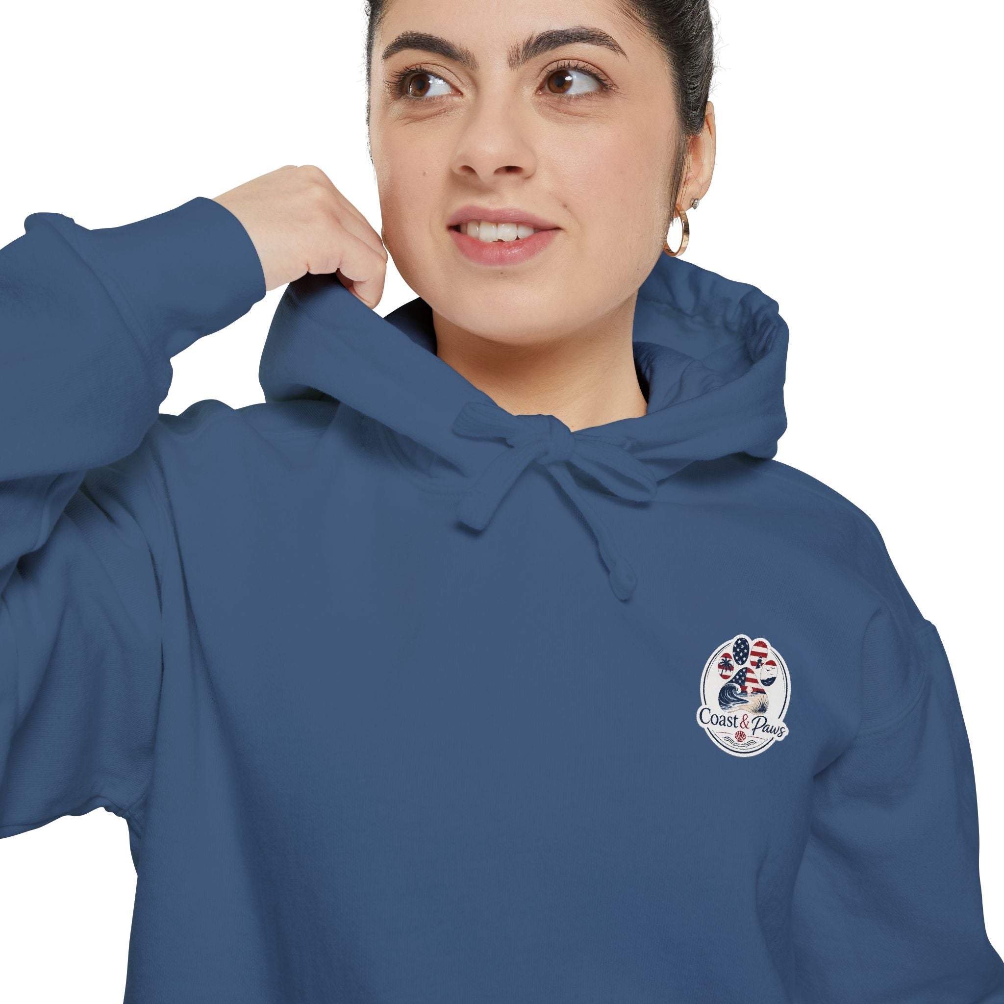 Patriotic Signature Coast & Paws Hoodie — Small Left-Chest Graphic, Cozy Casual Pullover