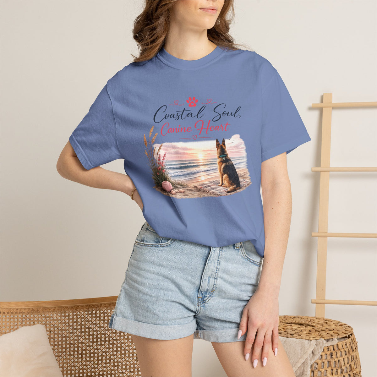 Coastal Soul Canine Heart T-shirt | Beach Dog Sunset Design