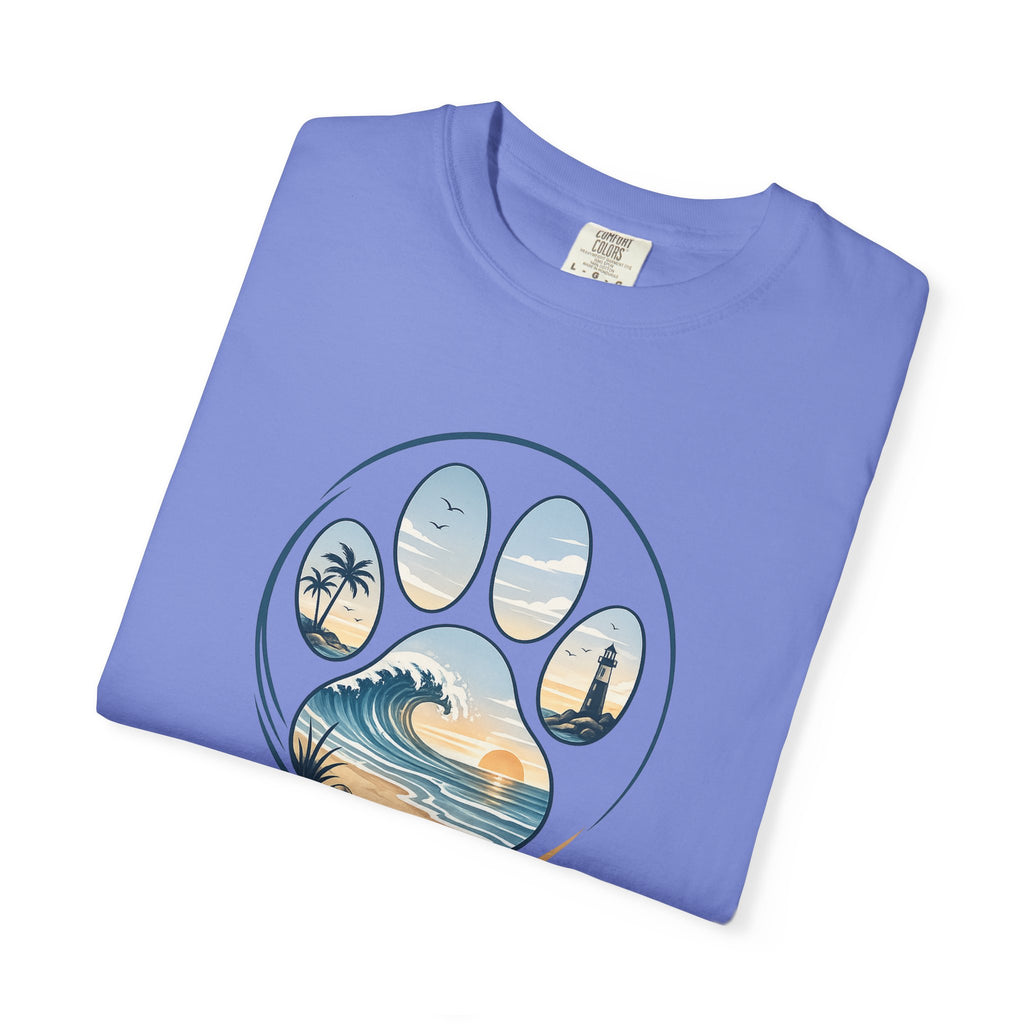 Ocean Paw Surf T-Shirt — Beach Sunset Paw Print Tee