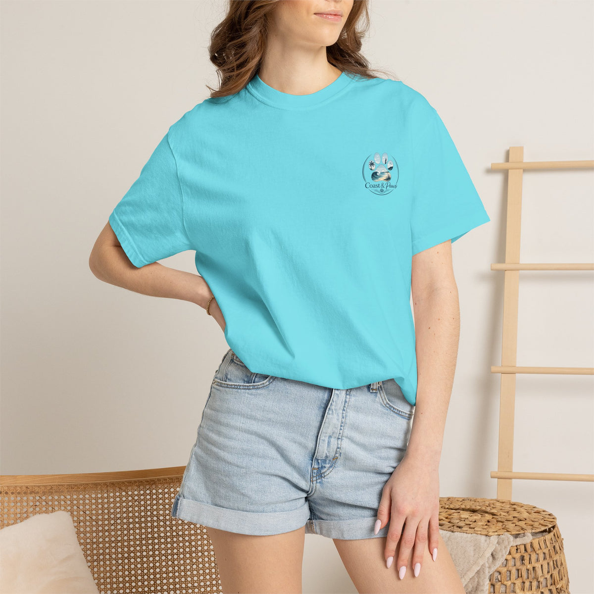 Paws Tides & Good Vibes T-Shirt | Beach Dog Paw Print Coastal Scene